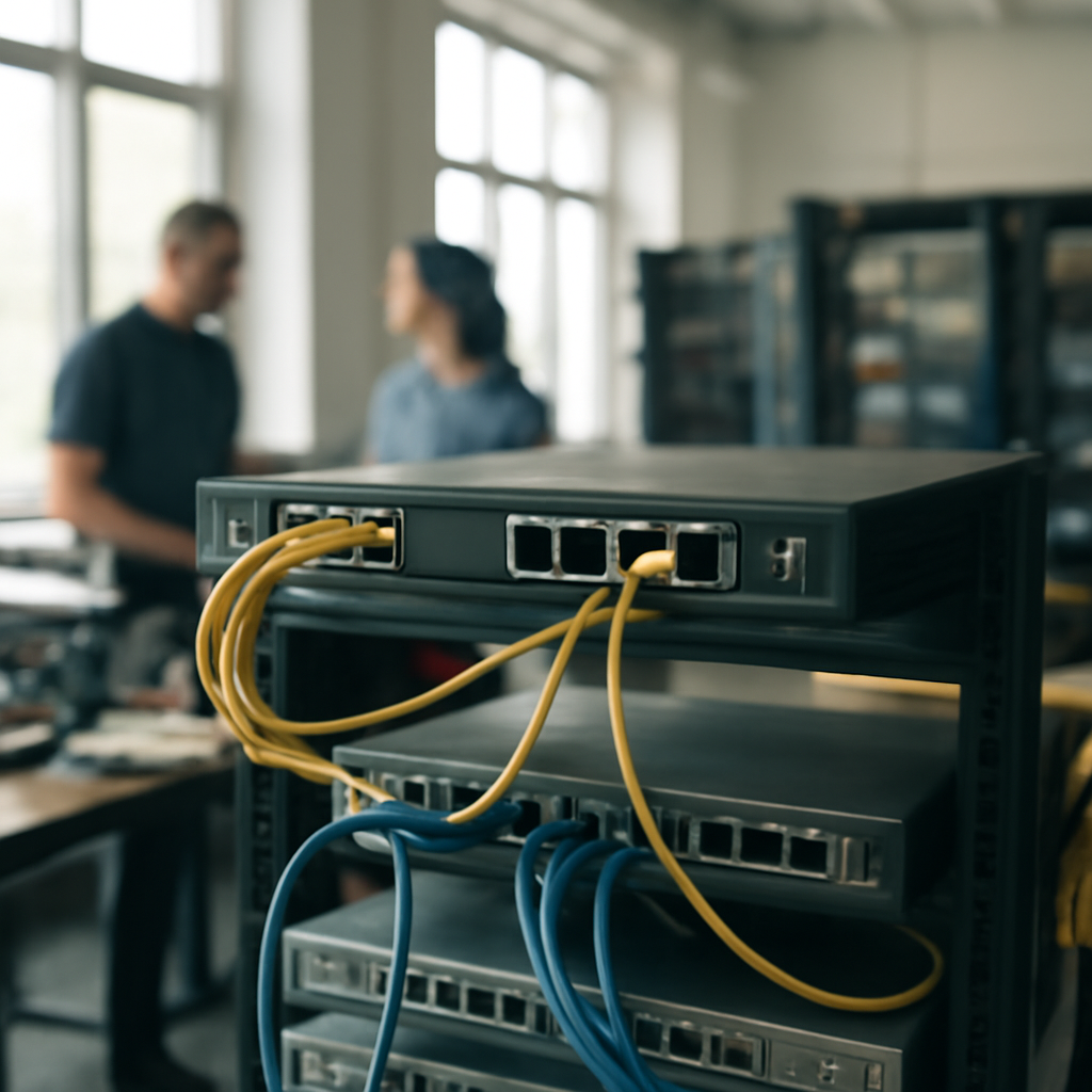 Technicians check network equipment and cables in a brightly-lit operations room with a prominent router on a rack.