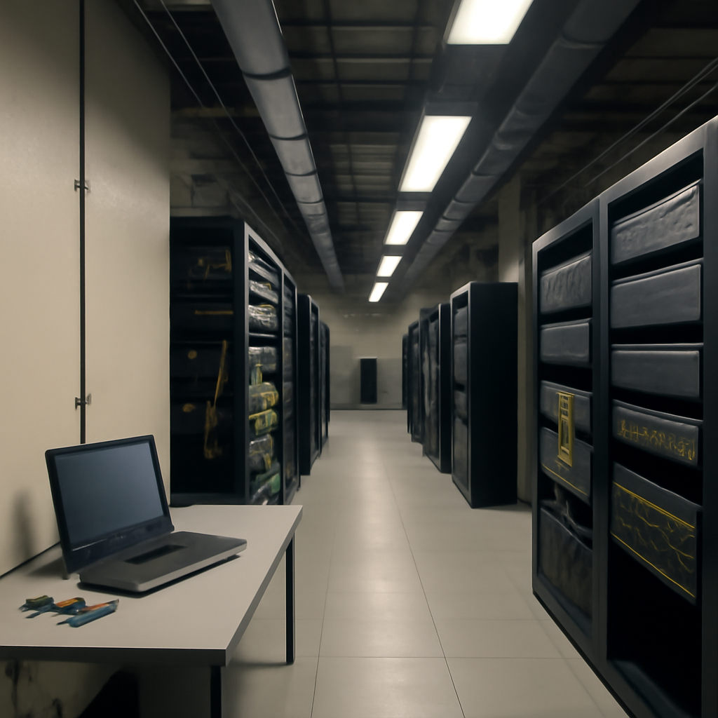 Network equipment and firewall devices mounted on racks in an industrial-style corridor.