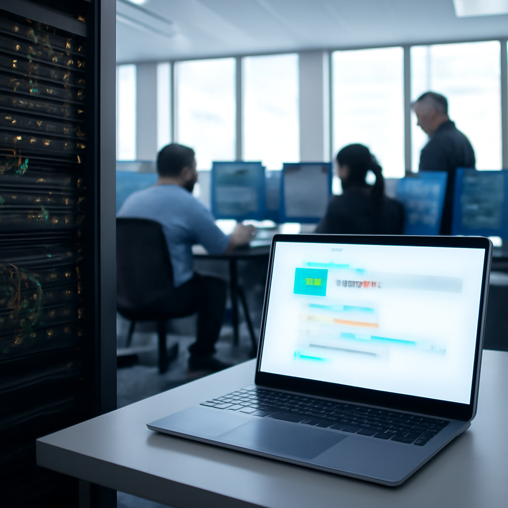 IT professionals work in a network operations center with a laptop displaying a blurred REST API endpoint.