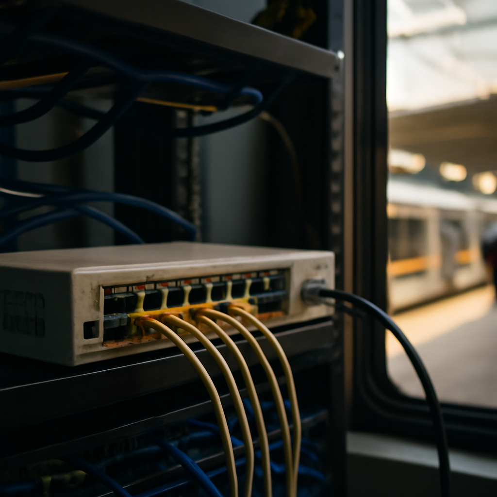 Rack-mounted router in a network closet with a blurred city transit platform visible through a nearby window.