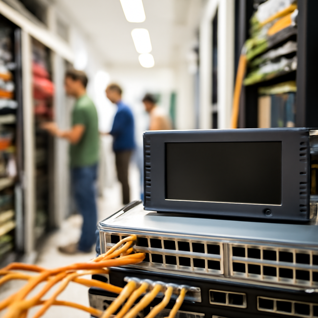 Technicians work in a network operations room with rows of server racks and equipment.