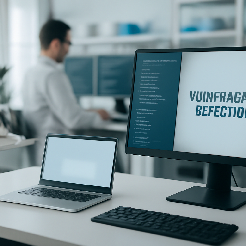 Researcher in lab setting with computer equipment and blurred code display.
