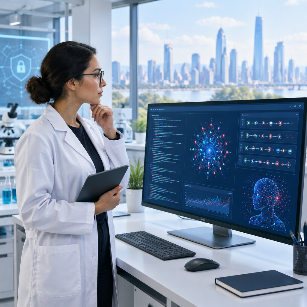 Researcher stands beside computer screen displaying code, analyzing AI agent behavior in a bright laboratory setting.