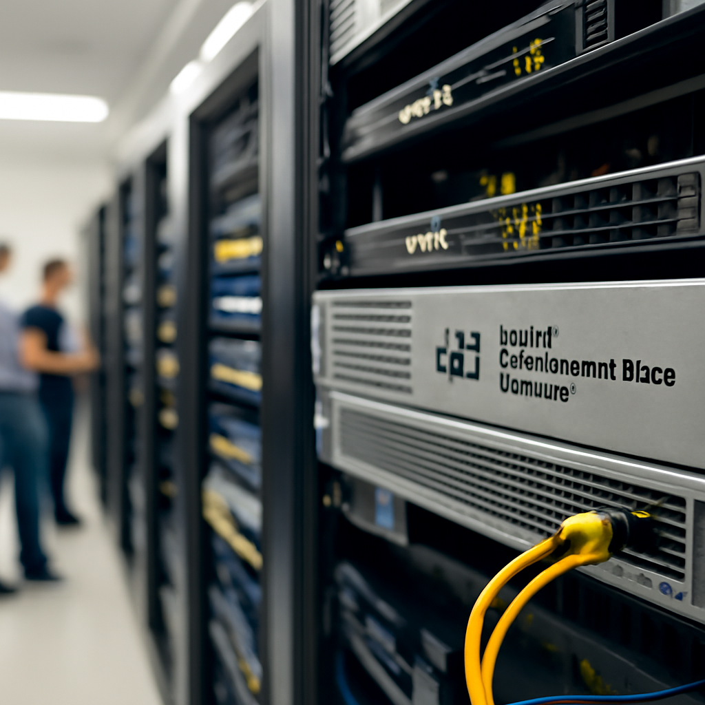Network equipment racks with Cisco device and cables, monitored by IT staff.