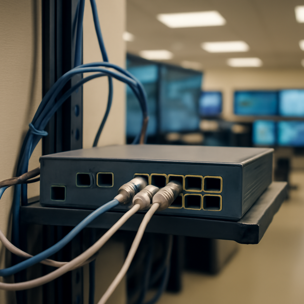 Network device on a rack with cables and wires against a neutral-colored wall.