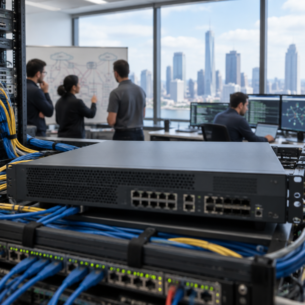 Network operations room with Cisco firewall device and equipment.