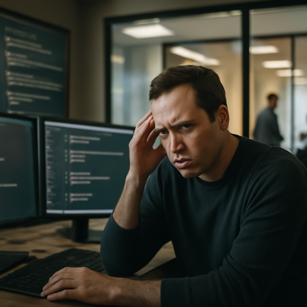 CISO or developer surrounded by screens and code, showing concern and frustration in a dimly lit office with blurred…