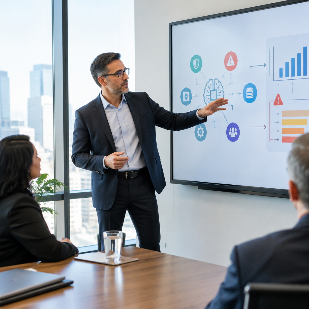 Security professional reviews AI risk management diagram on screen in modern conference room.