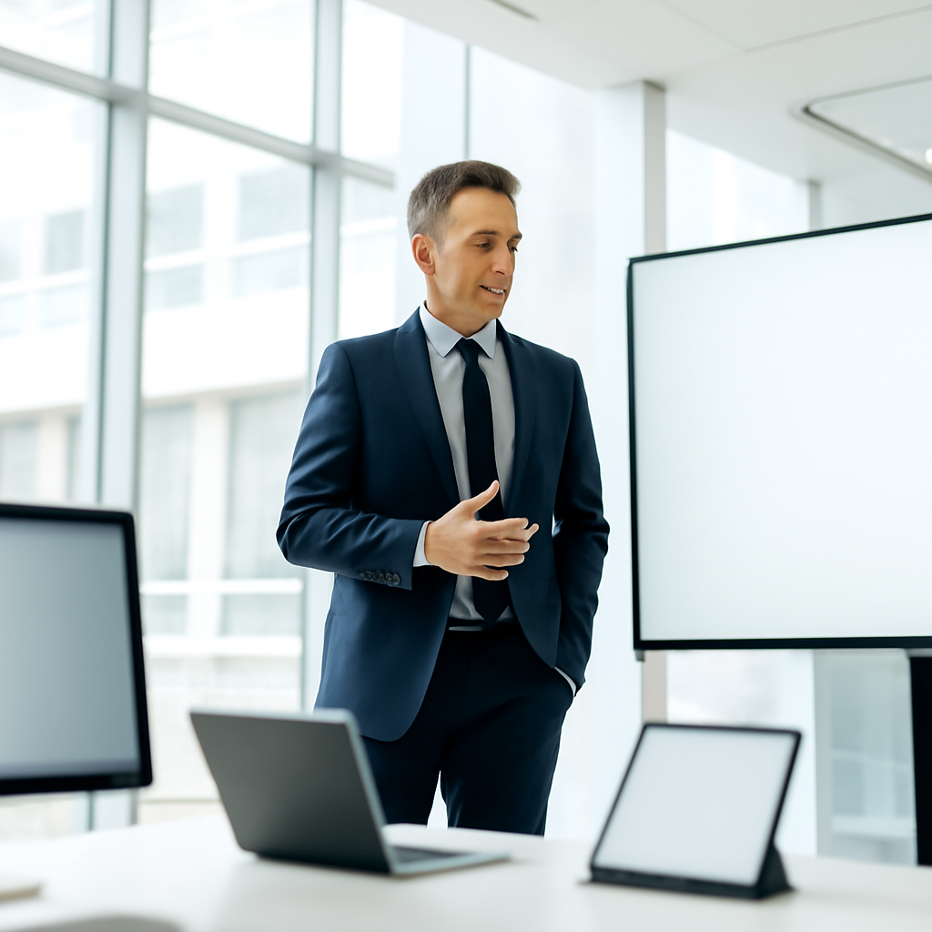 Security executive stands near large screen in modern office interior.