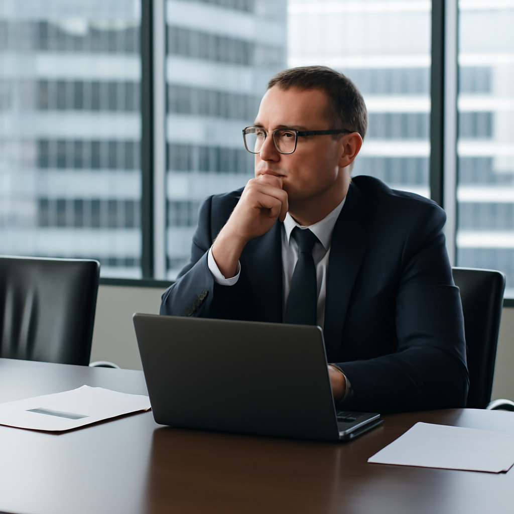 CISO sits alone at a conference table with papers and laptop, lost in thought near a window overlooking a corporate office…