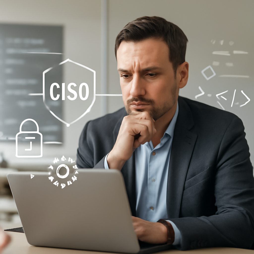 Security leader in modern office surrounded by abstract tech symbols and hints of AI-driven code.