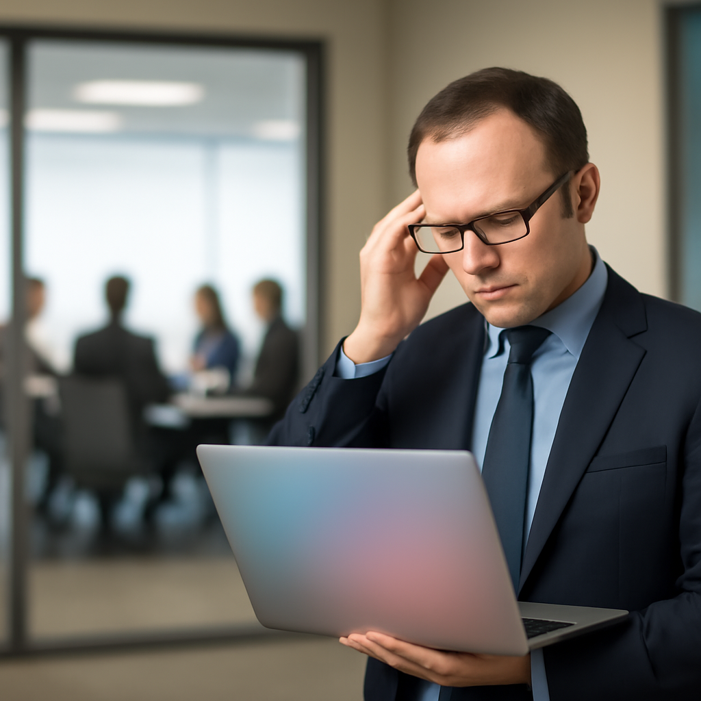 CISO stands concerned in office, overlooking blurred boardroom scene.