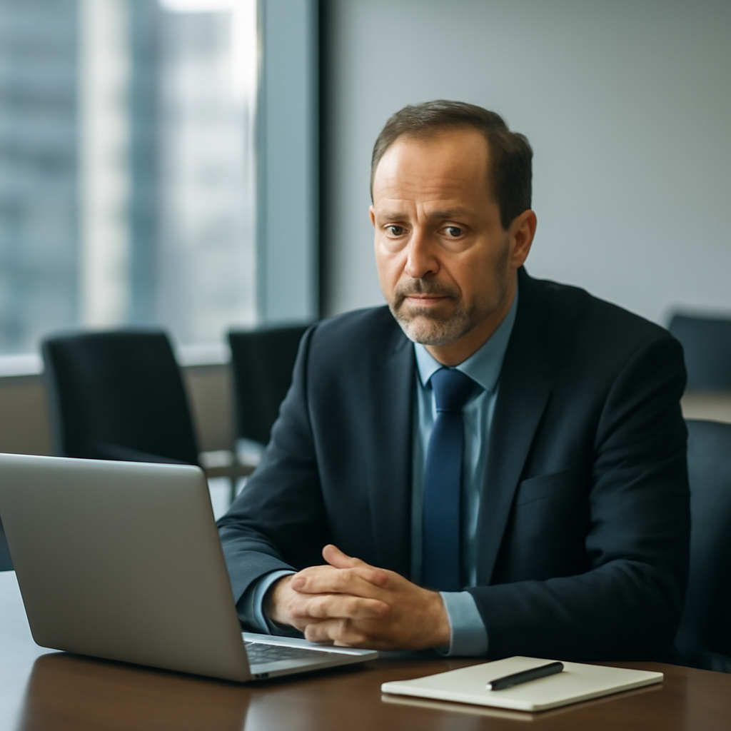 Somber security leader sits alone at conference table, contemplating on laptop.