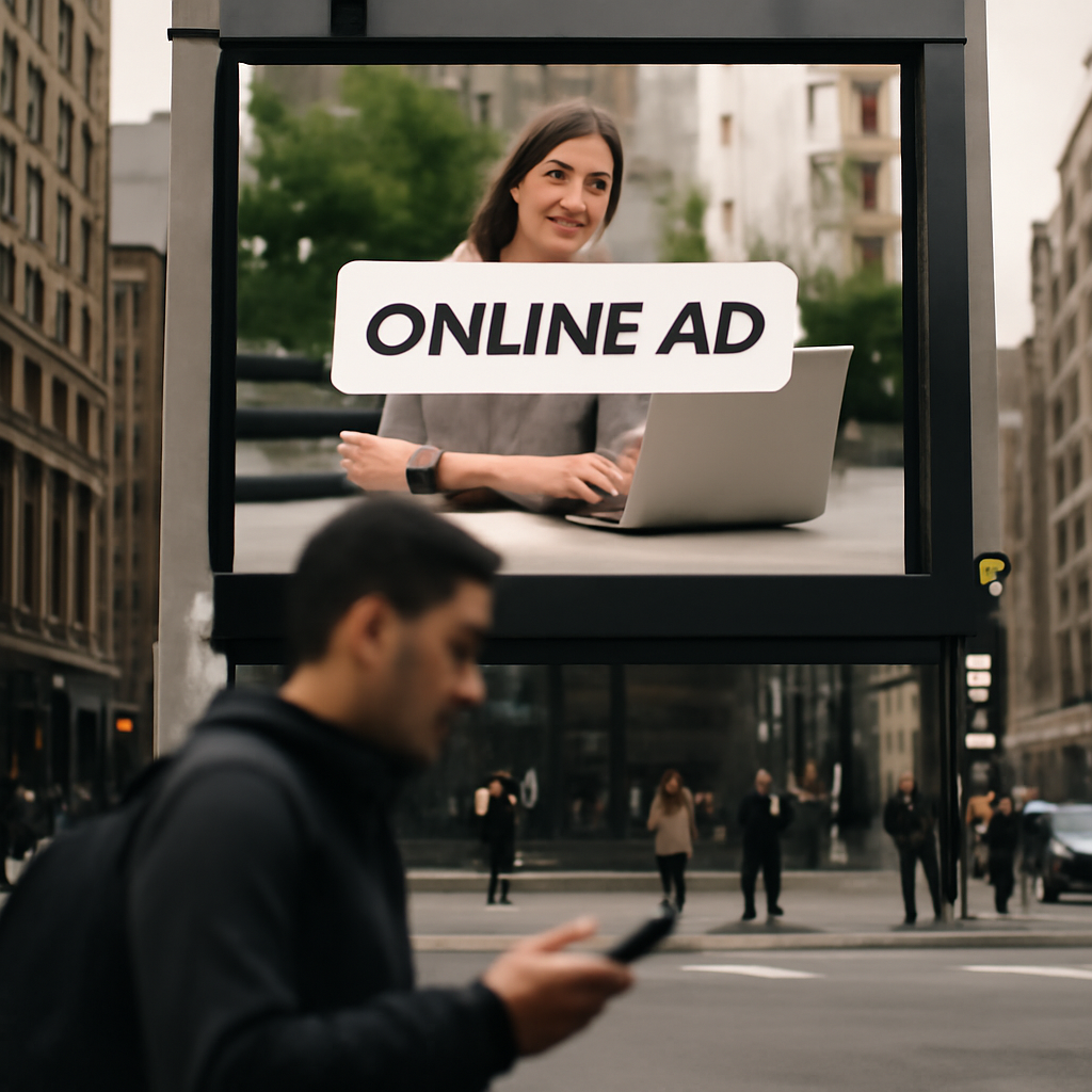 Person walks by digital billboard displaying online ad, holding smartphone.