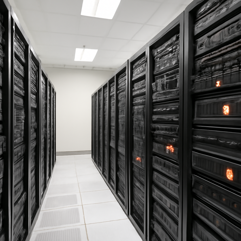 Rows of computer servers and storage equipment with warning lights on front panels in a brightly-lit data center.