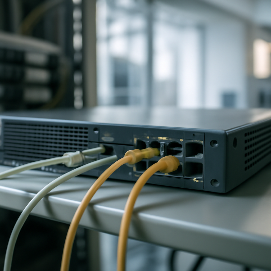 Network appliance in a brightly-lit data center or network operations room setting.
