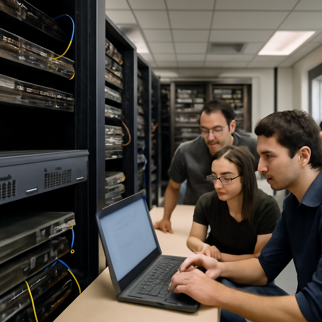 Technicians in a network operations room examine a laptop near a NetScaler device on a rack.