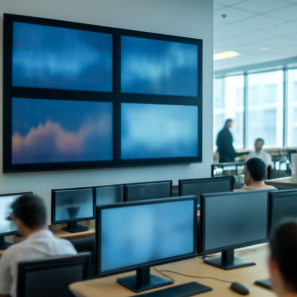 Modern office trading floor with rows of desks and screens displaying real-time market data.