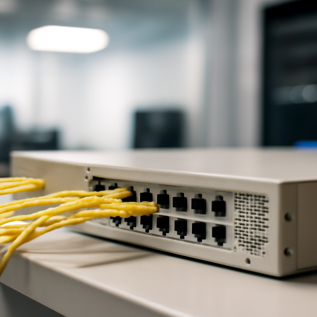 Network device sits on a neutral surface in a brightly-lit technology environment.