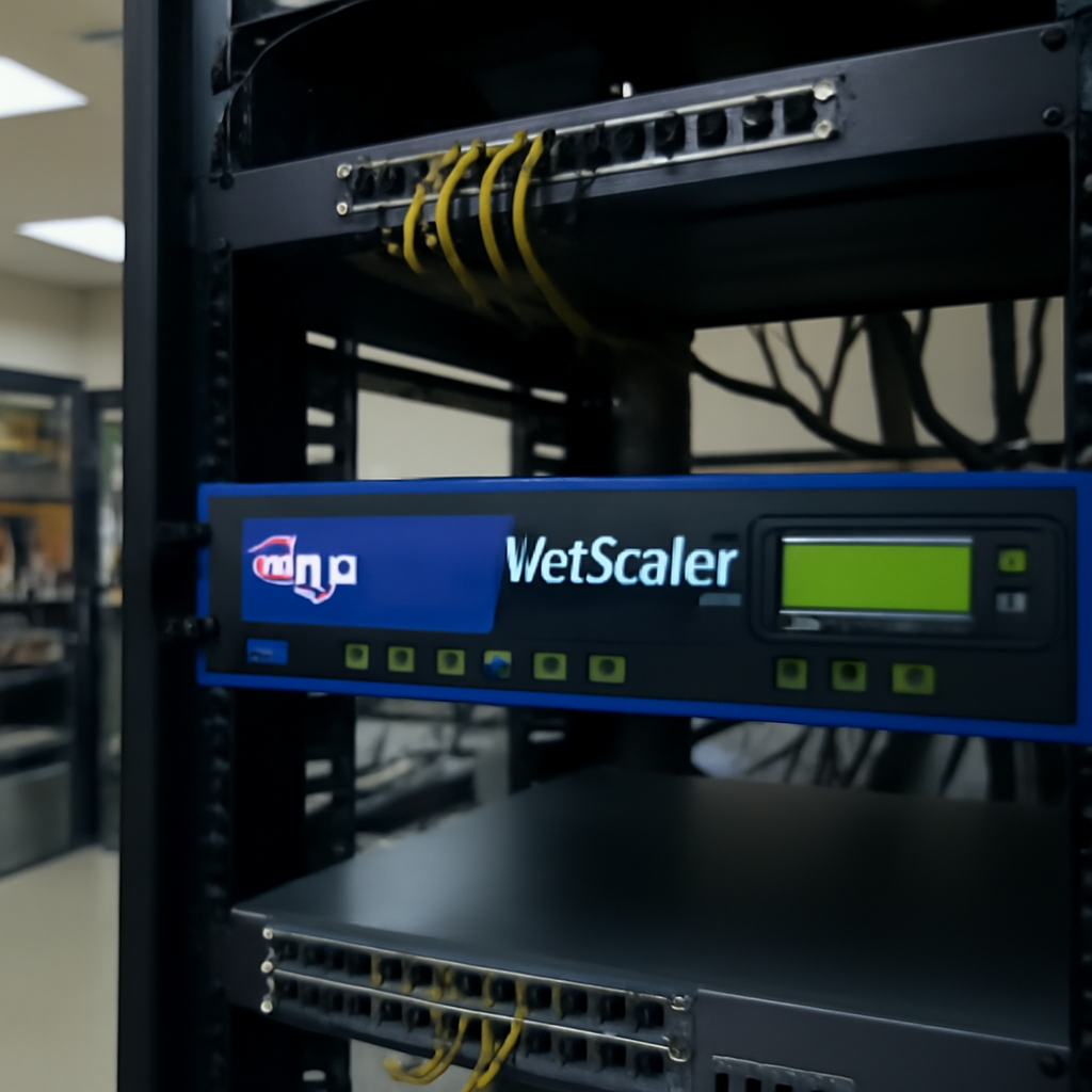 Rack-mounted Citrix NetScaler appliance with status lights and LCD display in a network operations room.