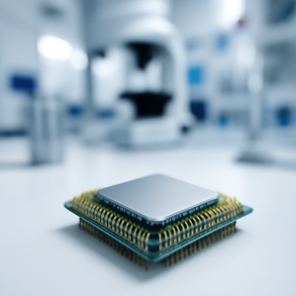 Close-up of a computer processor on a laboratory bench with blurred scientific equipment in the background.