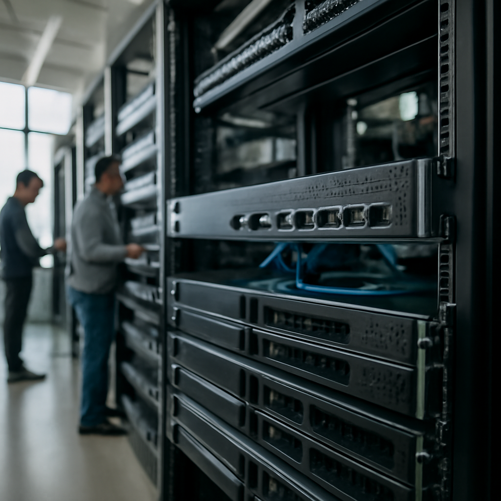 Rows of computer servers and networking equipment in a data center, with a Citrix NetScaler appliance prominently displayed…