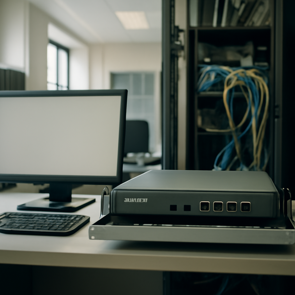 Network equipment sits in a neutral, institutional setting with ambient daylight.