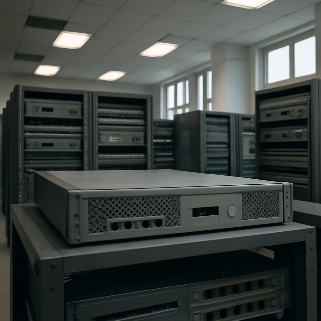 Network equipment and appliances on racks in a data center, with a prominent device resembling a Citrix NetScaler appliance…
