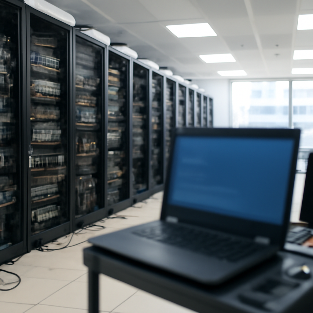 Large, empty server room with rows of computer equipment and networking gear.