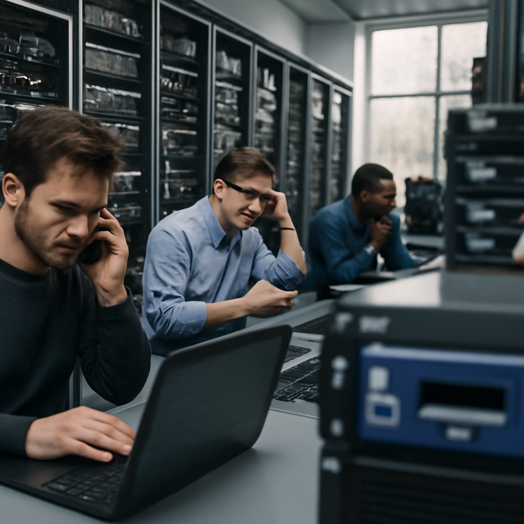 Concerned system administrators sit at consoles near computer servers and networking equipment, with a prominent…