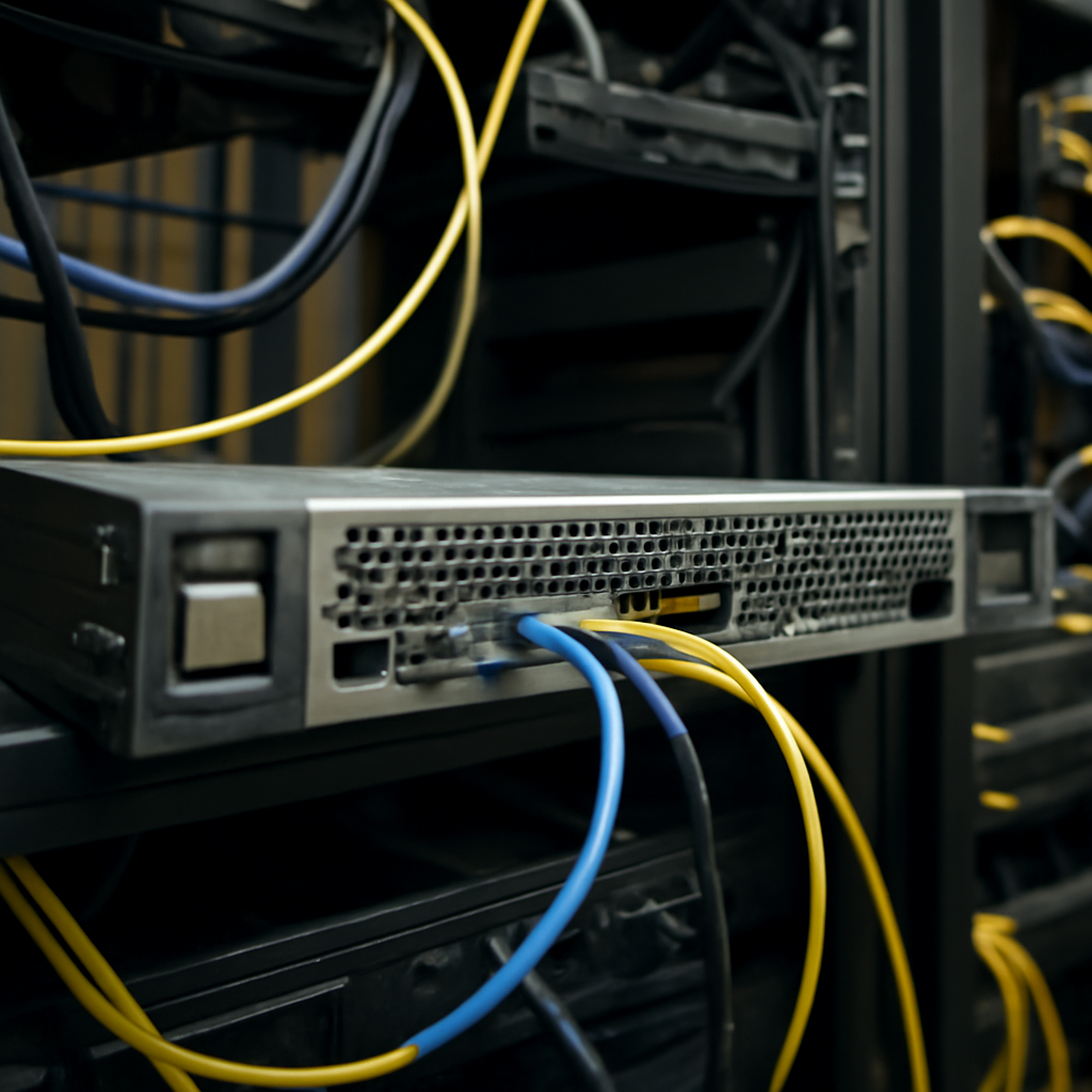 Network equipment room with Citrix NetScaler appliance on a rack, surrounded by cables.
