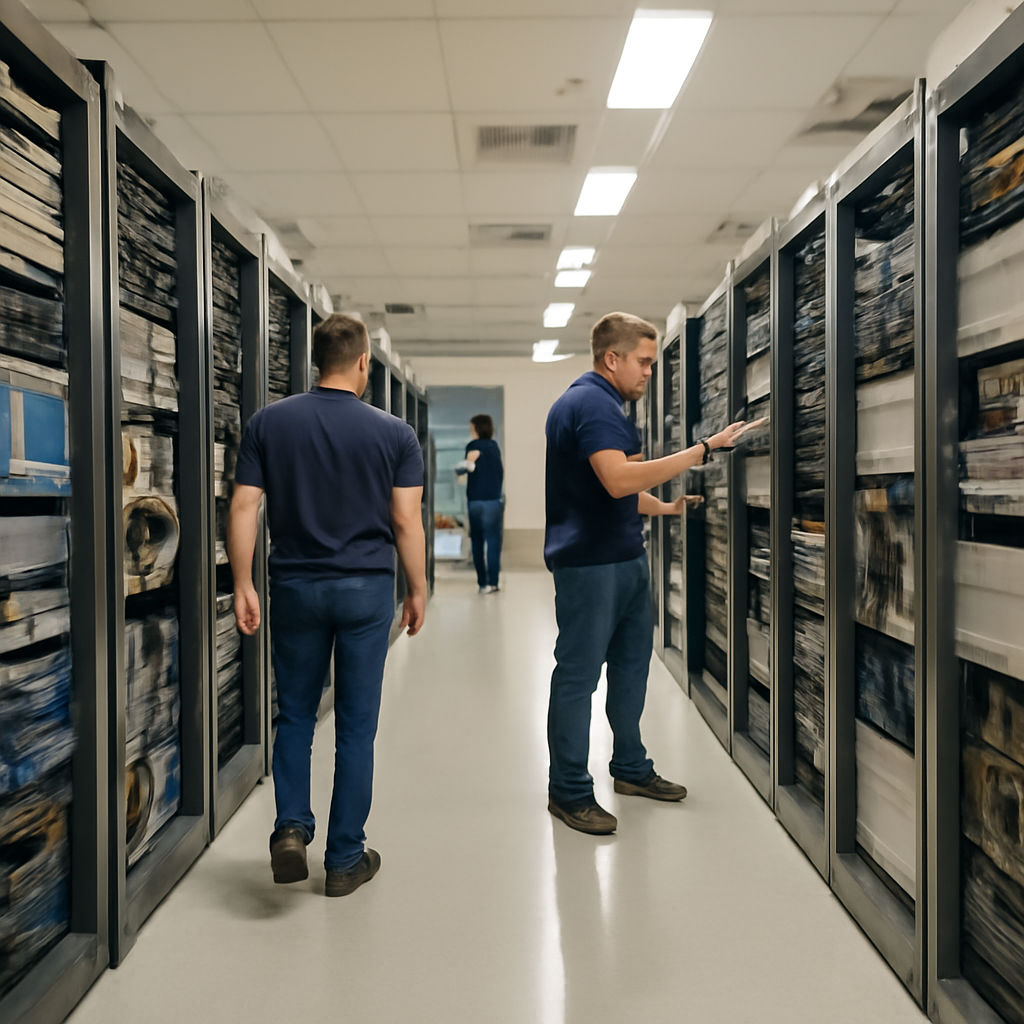 Technicians inspect equipment in a brightly-lit network operations room with rows of server racks and cables.