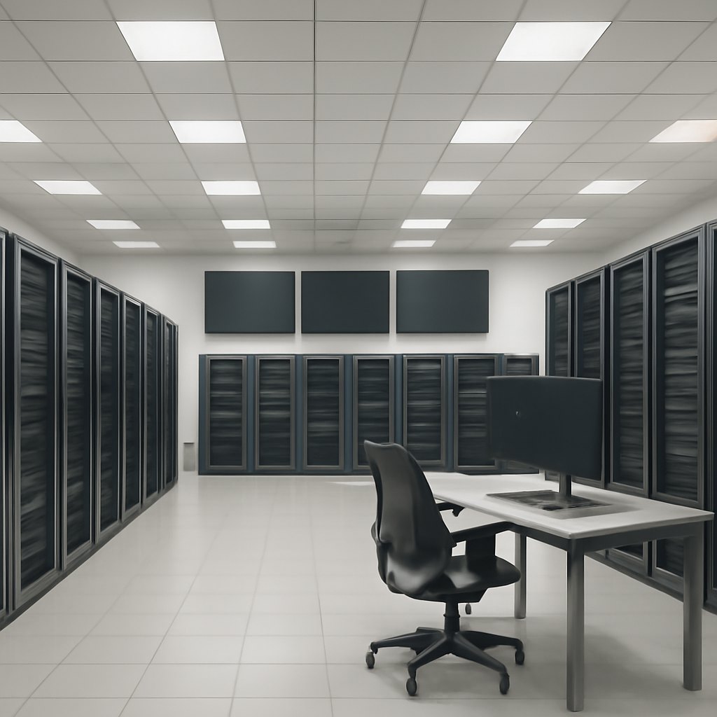 Empty server room with rows of equipment racks and monitoring screens.