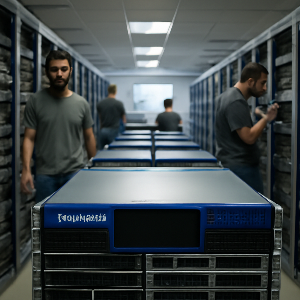 Rows of computer equipment and networking gear in a large server room with IT staff walking between rows.