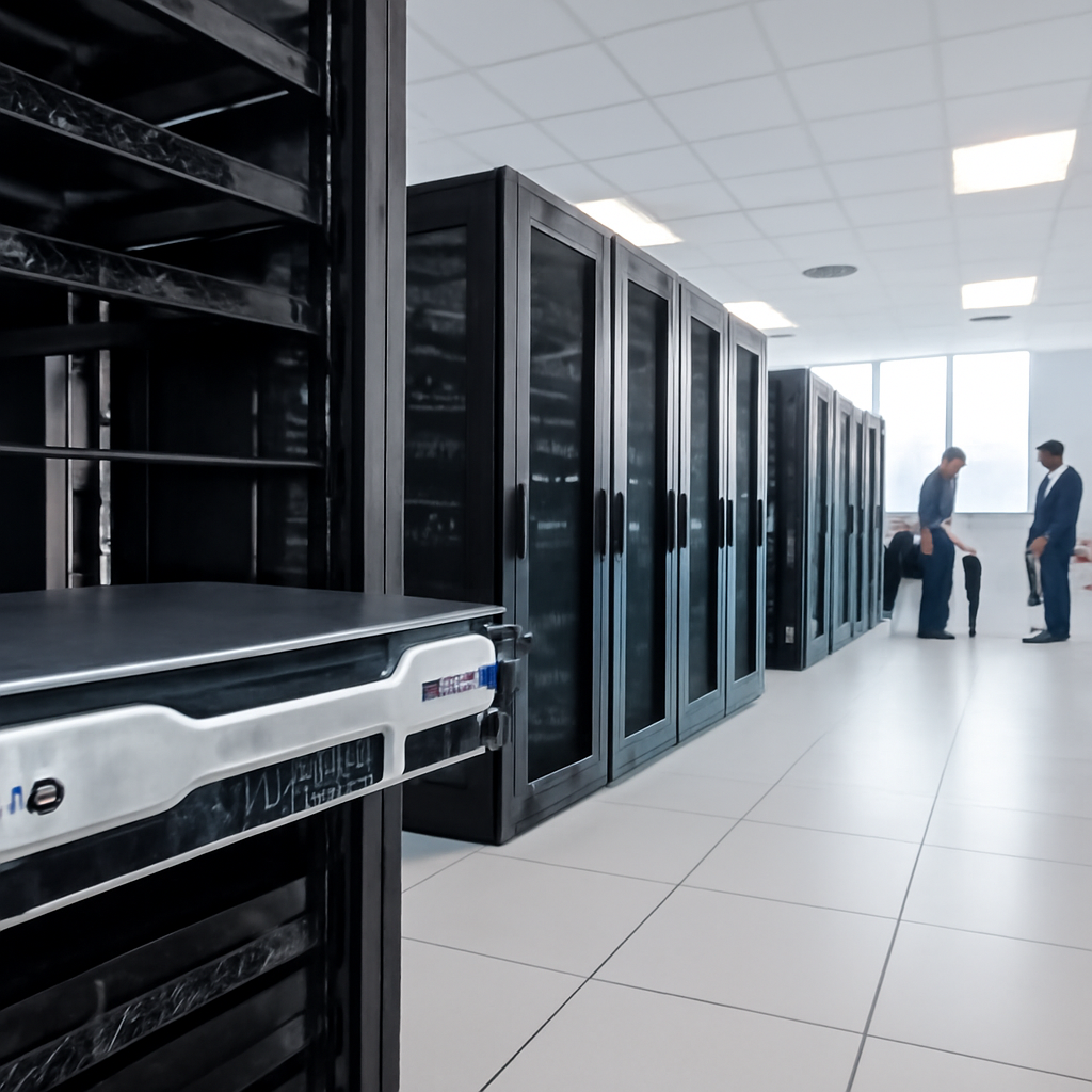 Technicians in a server room examine equipment and discuss on a whiteboard.