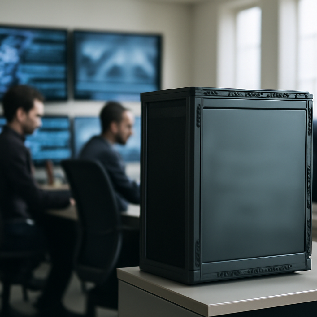 Technicians work in a network operations room focused on a central server or network device.