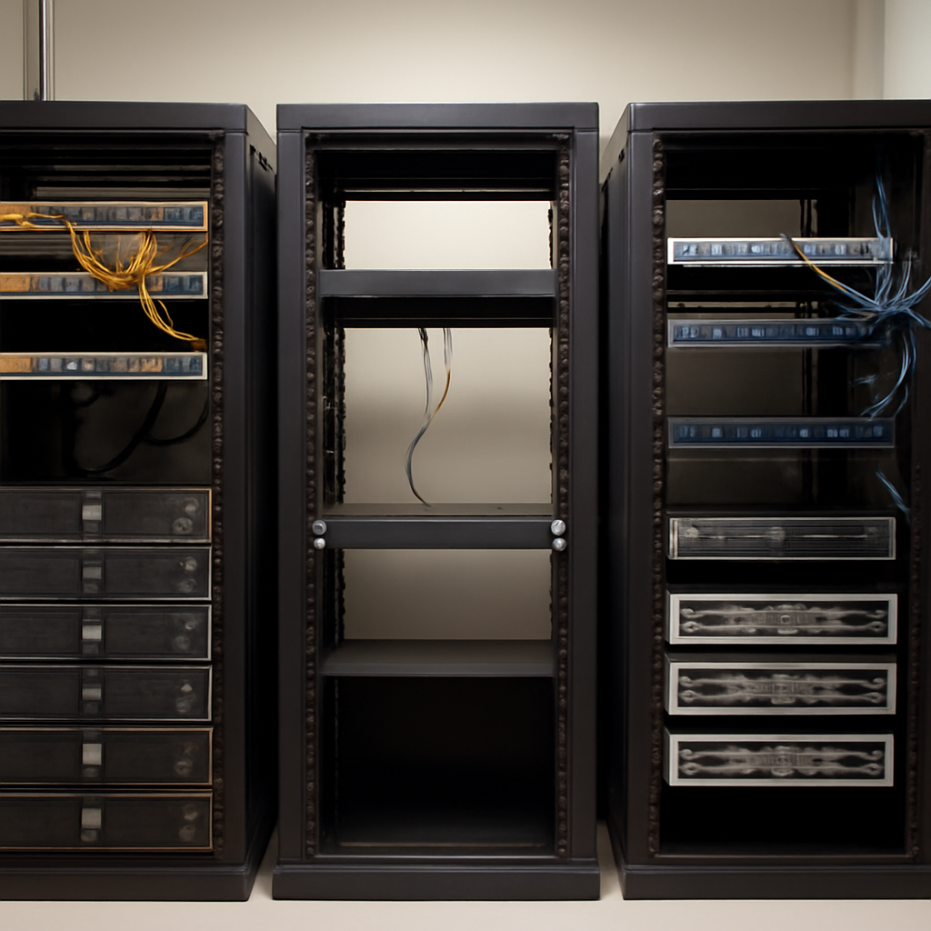 Server room with networking gear, one rack having an empty slot.