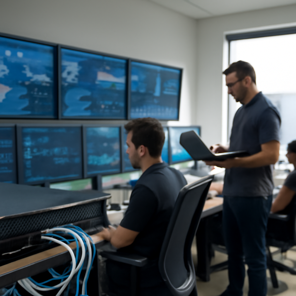 Technicians work at computer workstations in a network operations room overlooking a cityscape.