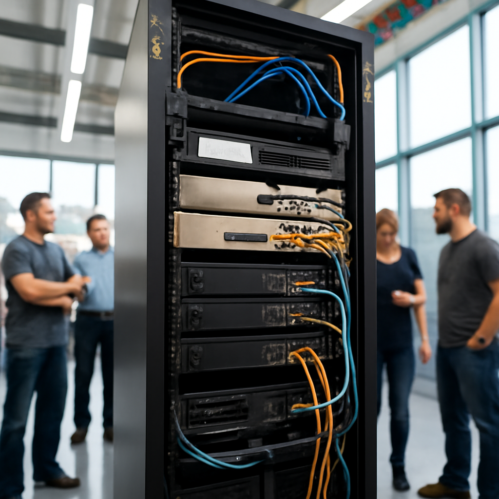 Technicians stand around a Citrix NetScaler system in a brightly-lit data center with neatly organized cables and wires.