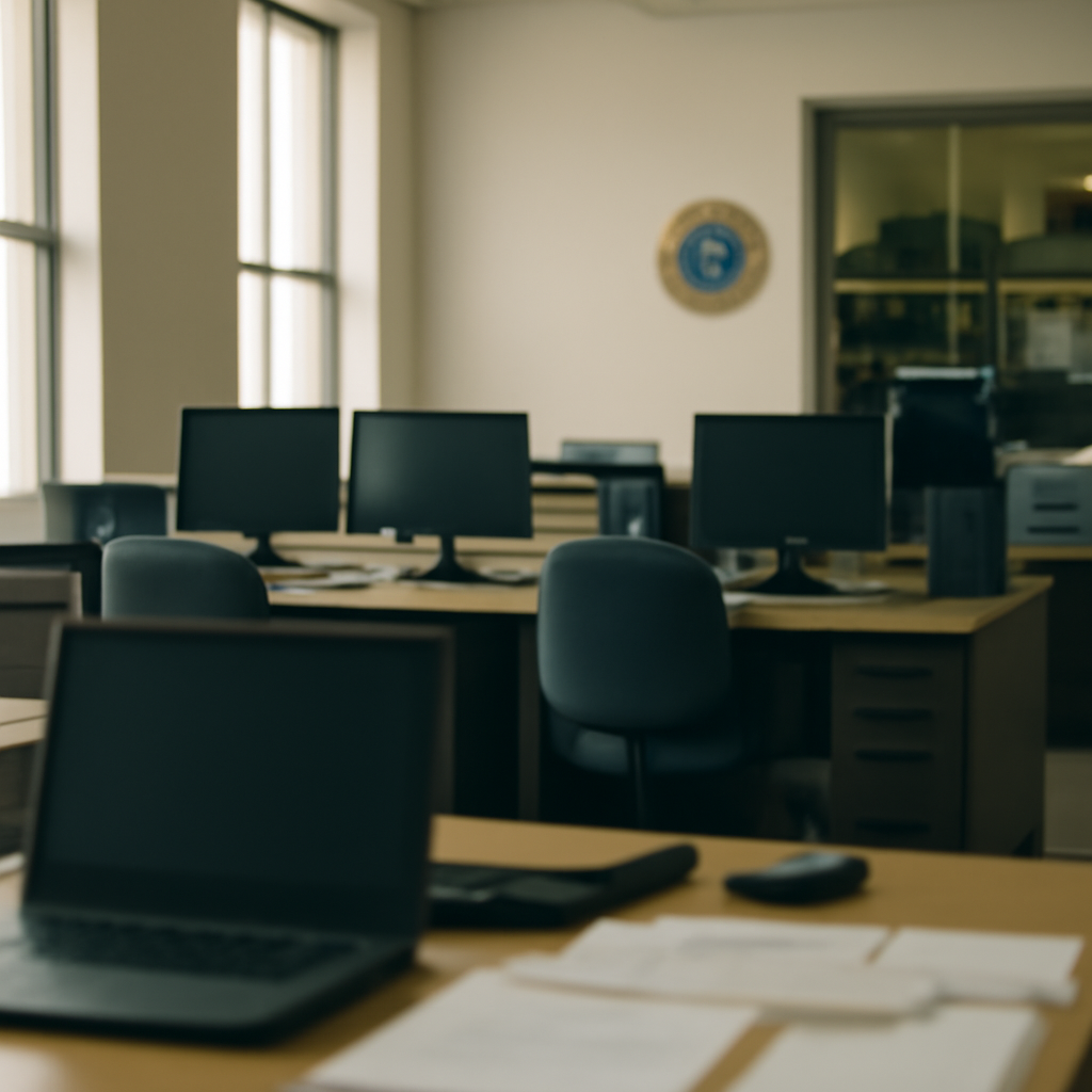 Government agency office interior with computer workstations and subtle IT equipment in background.