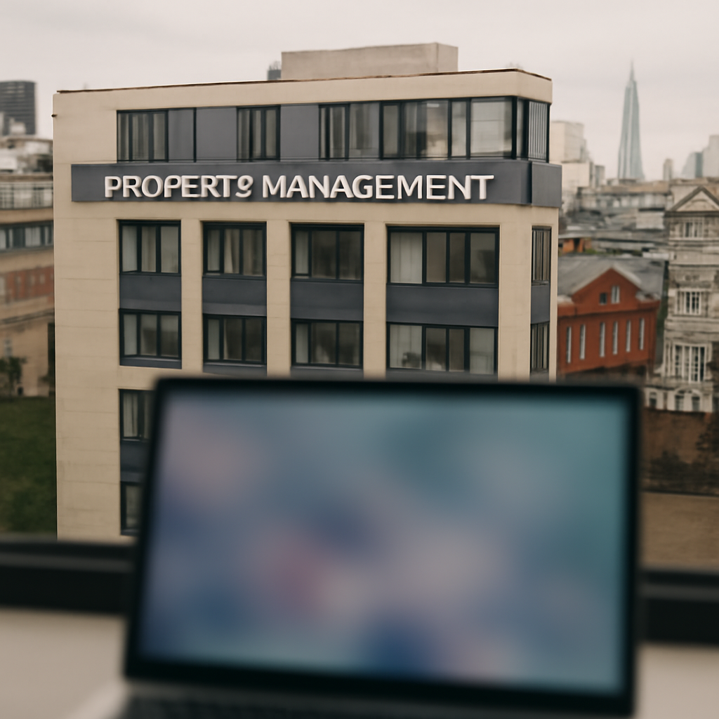 London cityscape with office building and subtle digital interface hint.