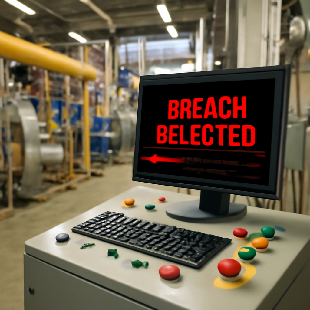 Brightly-lit industrial control system terminal on a factory floor.