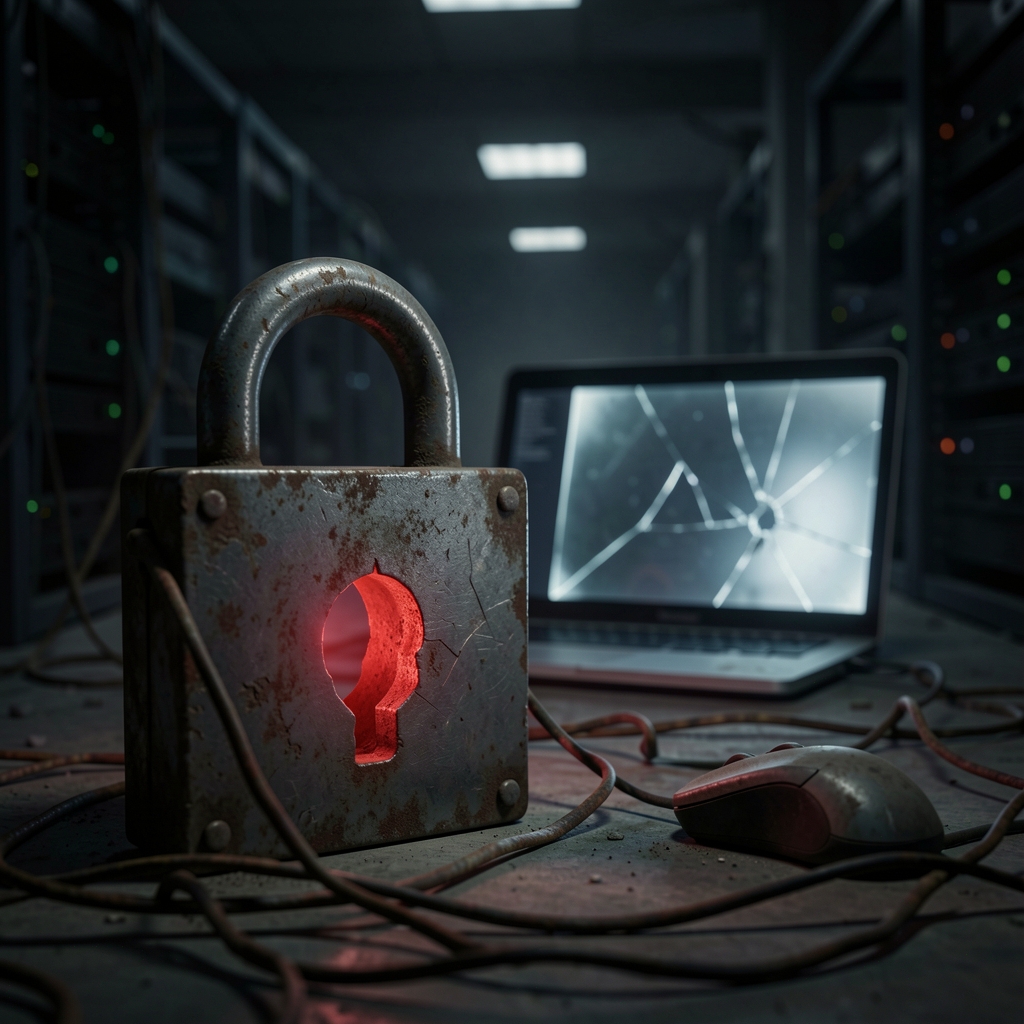 Glowing red light emanates from a hollowed-out metal lock in a dark, abandoned server room with a faintly illuminated…