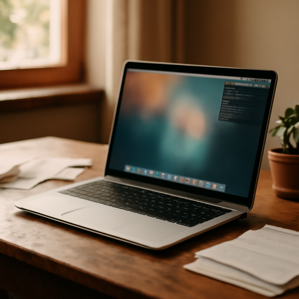 MacBook laptop on a wooden desk with scattered papers and a plant, screen showing a blurred desktop environment.