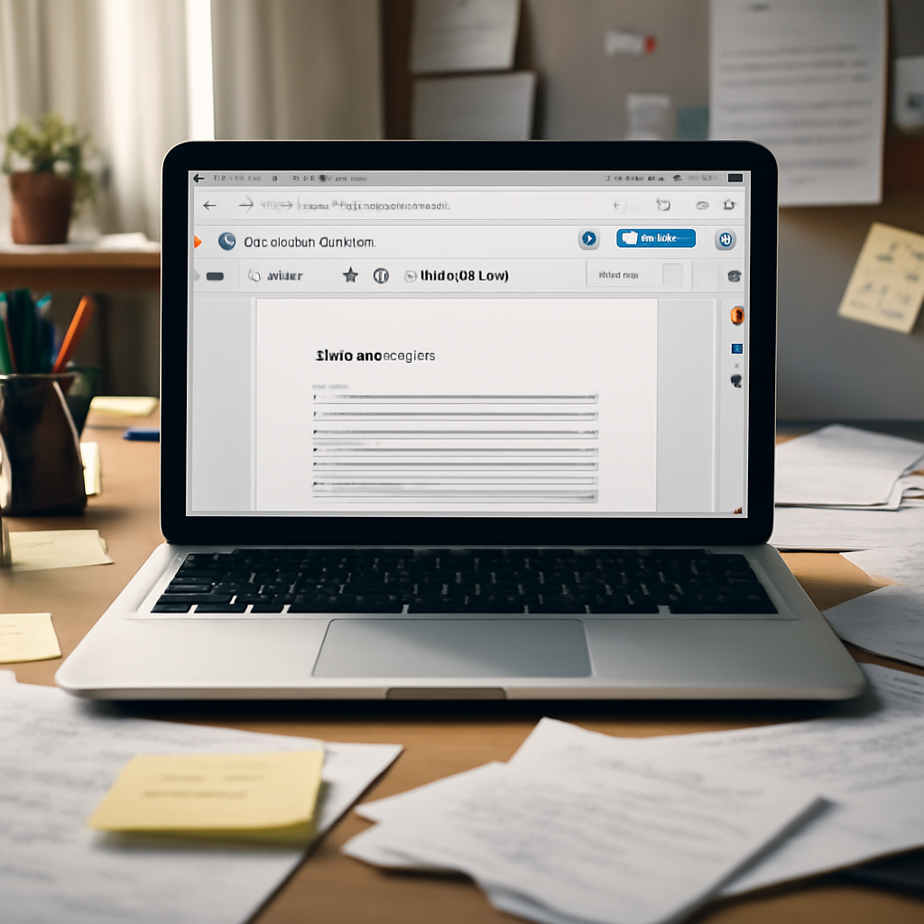 Laptop on cluttered desk with Google Docs open, surrounded by papers and notes in a home office setting.