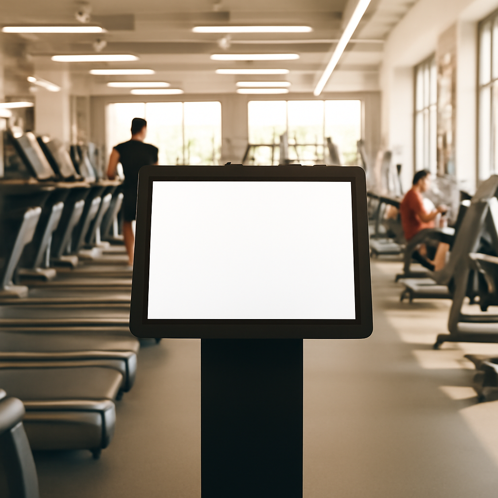 Busy gym interior with exercise equipment and patrons, featuring a booking kiosk in the foreground.