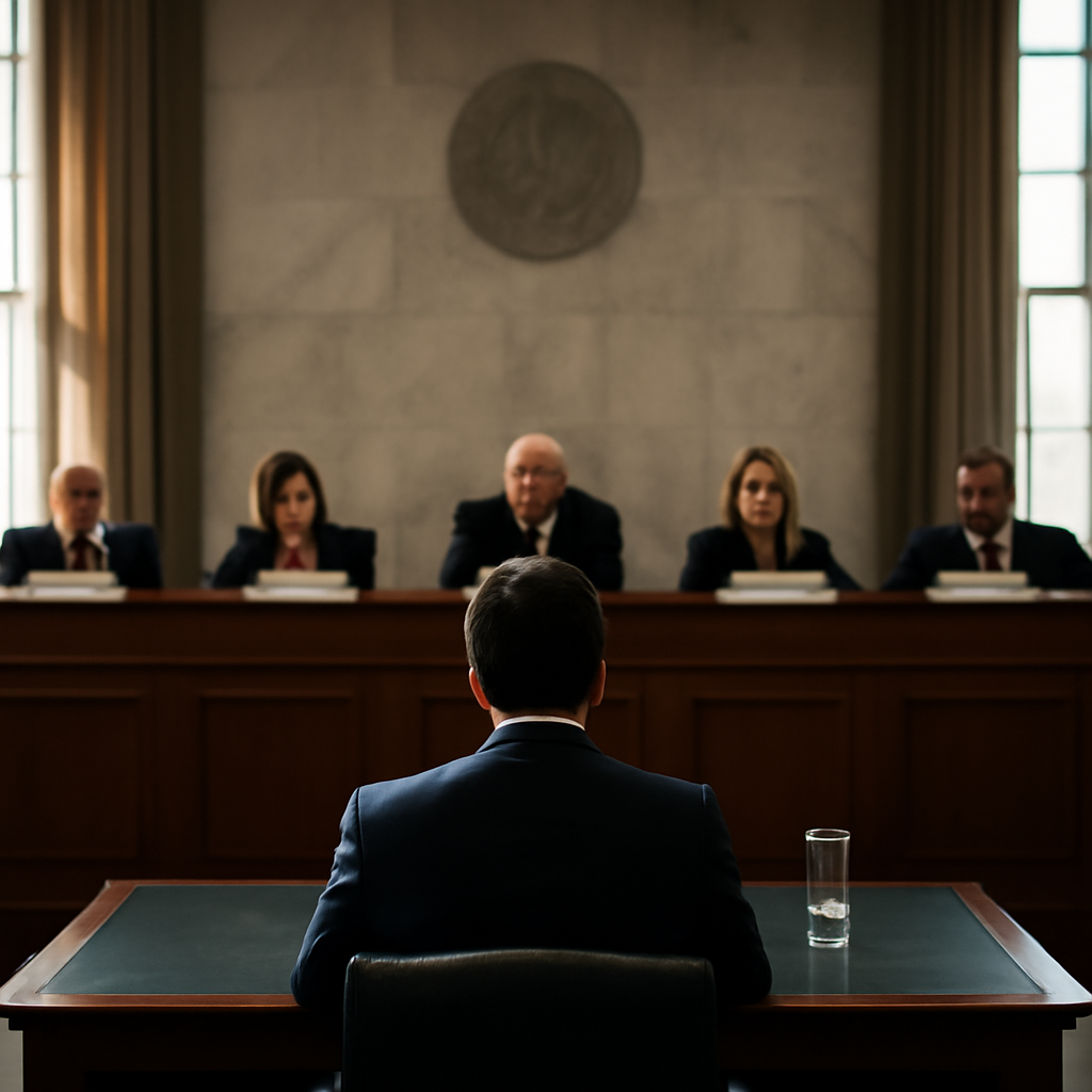 US Senate hearing room with witness and senators under soft daylight.
