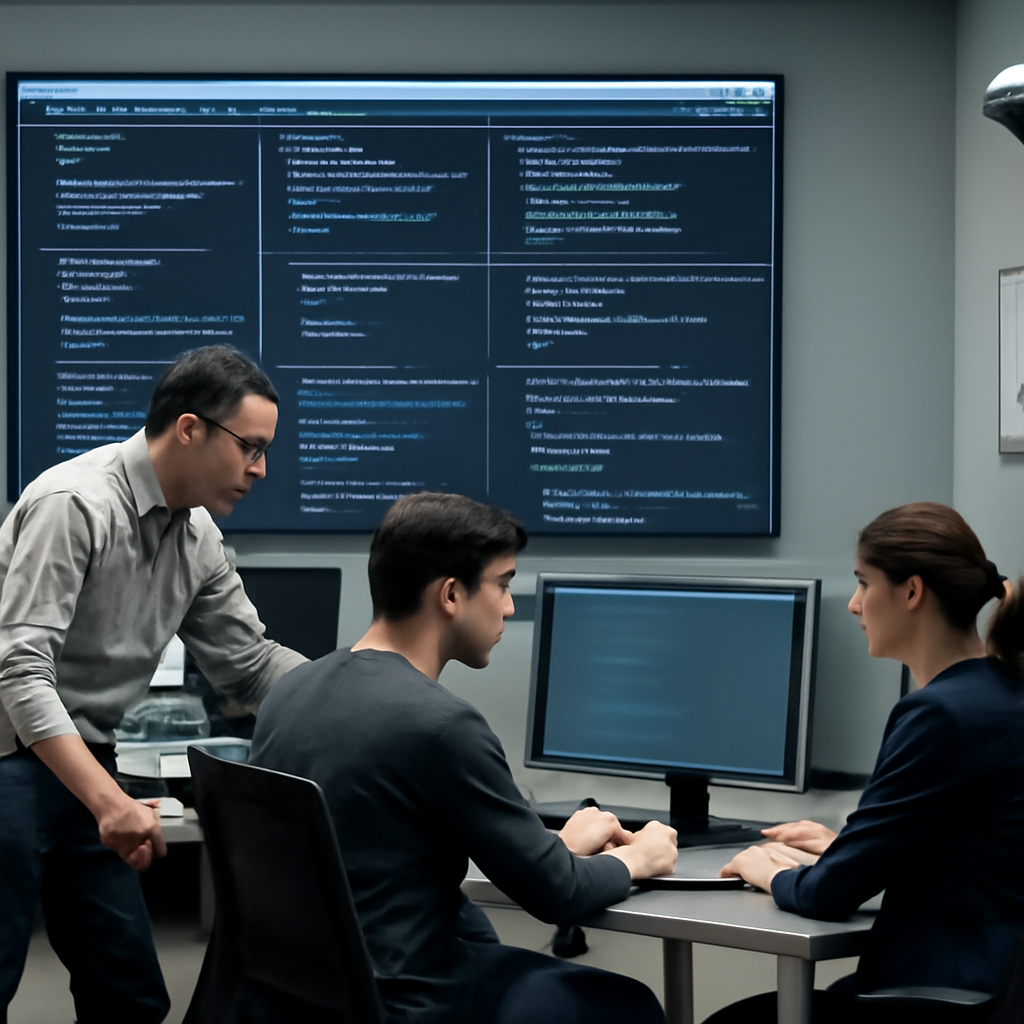 Secure software development facility with rows of computer servers and workstations, amidst open-source project screens and…