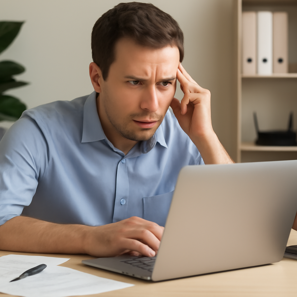 Office worker looks concerned at laptop screen amidst papers and office supplies.
