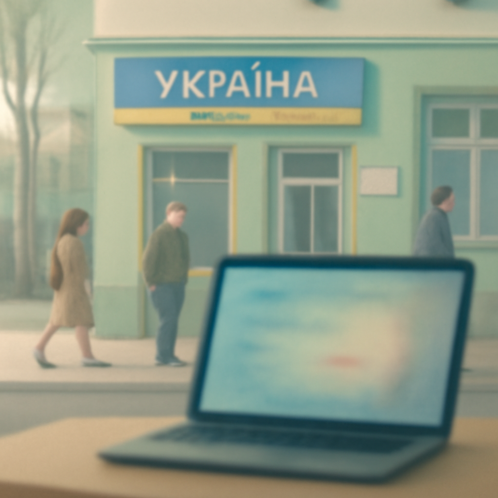 Modest Ukrainian storefront with people outside and blurred laptop screen on table.